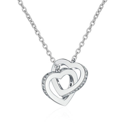 Interlocking Heart Moissanite Necklace in White Gold-Plated S925 sterling silver white background front product view showing two interlocking hearts traced with small round moissanite