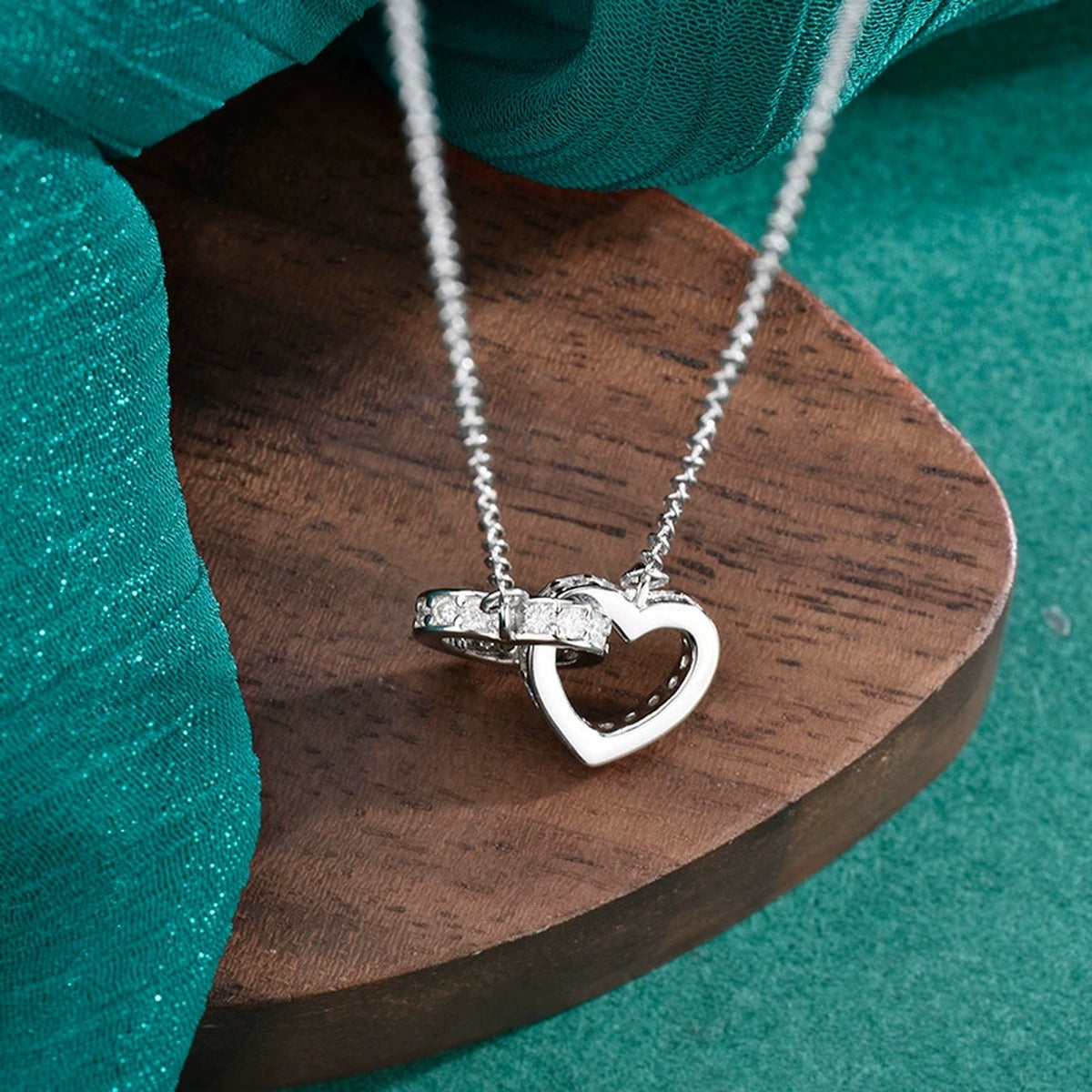 Interlocking Heart Moissanite Necklace in White Gold-Plated S925 sterling silver angled product detail view