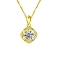 Four-Leaf Clover Halo Round Moissanite Necklace with CZ in Gold-Plated S925 sterling silver white background front product view showing four-leaf clover halo surrounding a round moissanite with CZ-set petals