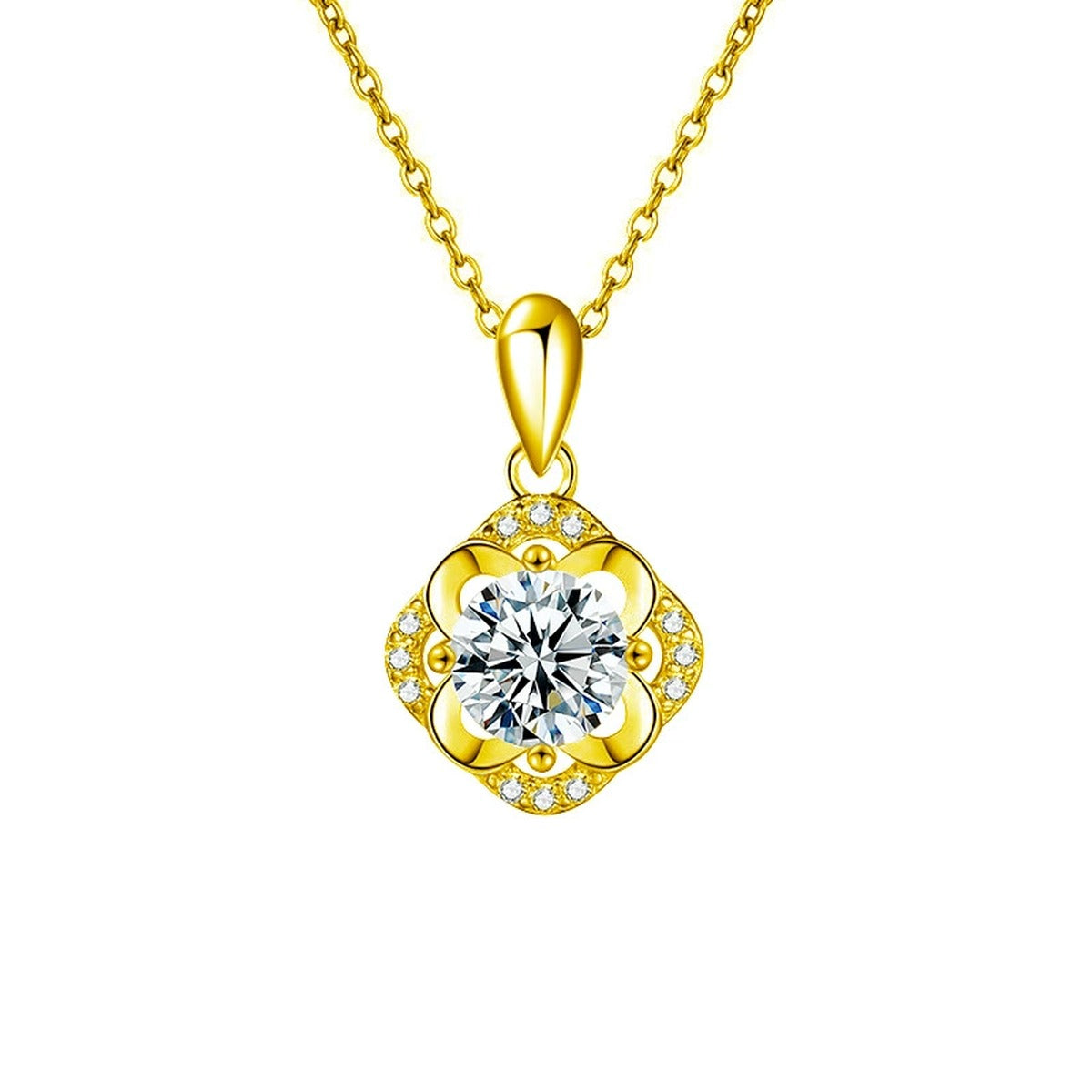 Four-Leaf Clover Halo Round Moissanite Necklace with CZ in Gold-Plated S925 sterling silver white background front product view showing four-leaf clover halo surrounding a round moissanite with CZ-set petals