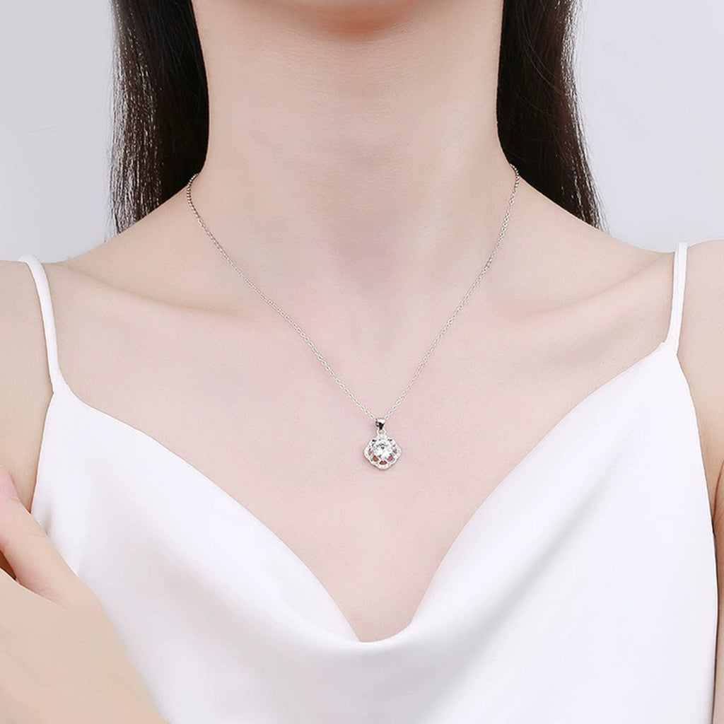Four-Leaf Clover Halo Round Moissanite Necklace with CZ in Gold-Plated S925 sterling silver neckline model view showing pendant scale and chain length