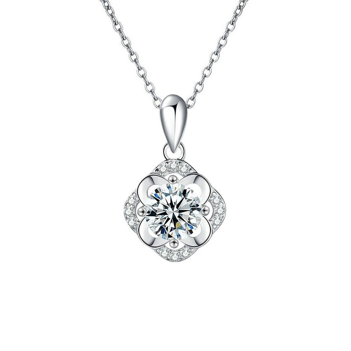 Four-Leaf Clover Halo Round Moissanite Necklace with CZ in Gold-Plated S925 sterling silver alternate metal color white background product view showing four-leaf clover halo surrounding a round moissanite with CZ-set petals