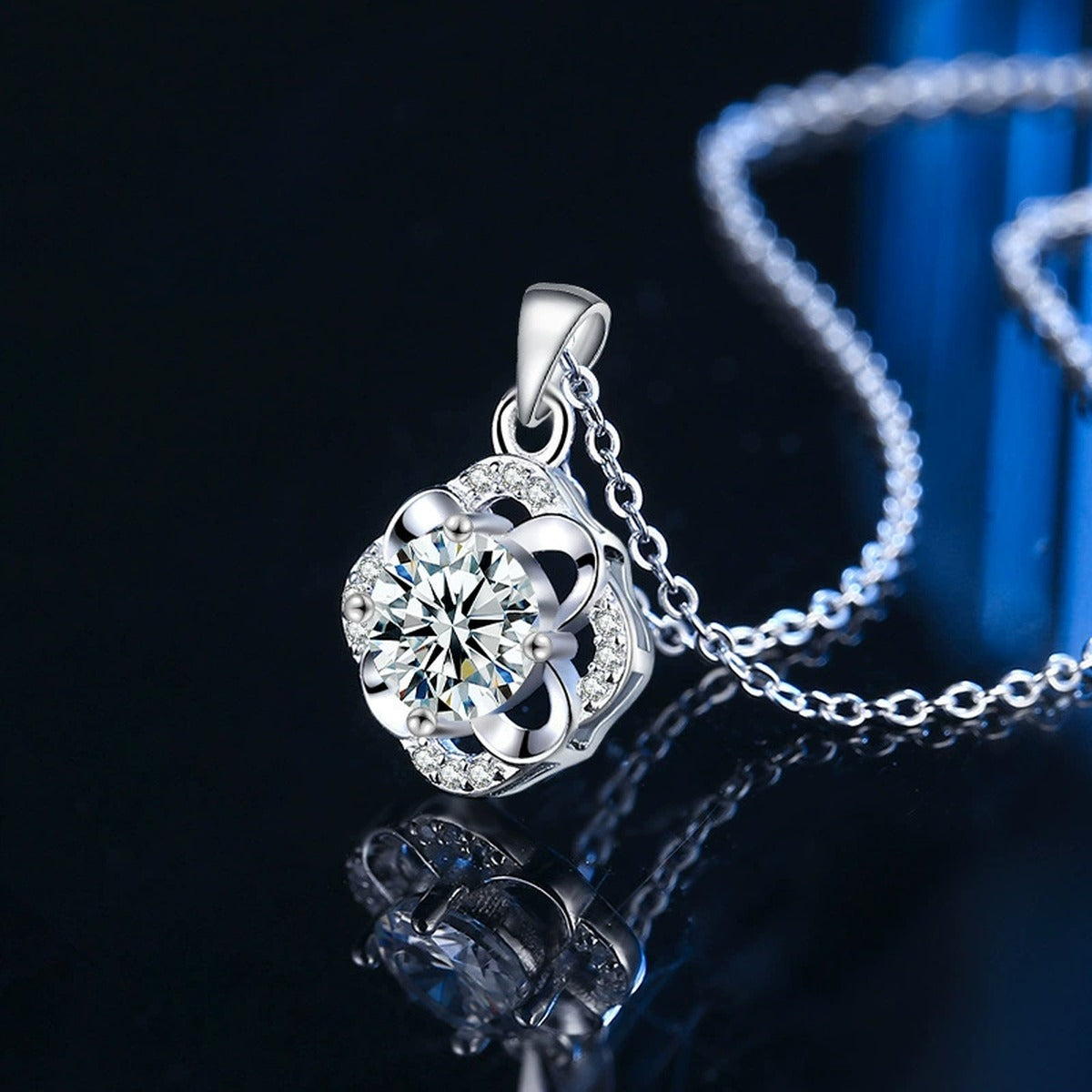 Four-Leaf Clover Halo Round Moissanite Necklace with CZ in Gold-Plated S925 sterling silver close-up styled product scene showing pendant setting