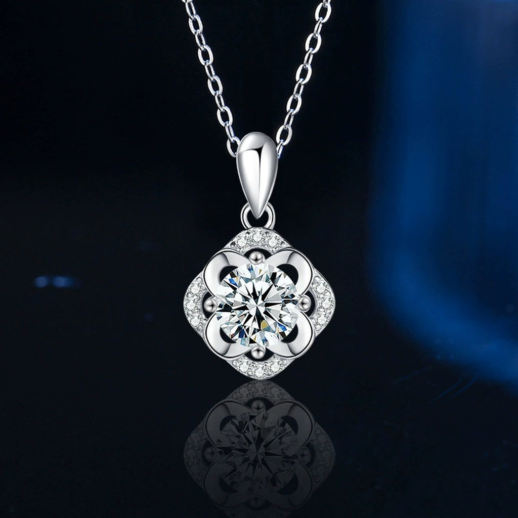 Four-Leaf Clover Halo Round Moissanite Necklace with CZ in Gold-Plated S925 sterling silver display scene showing chain and stone layout