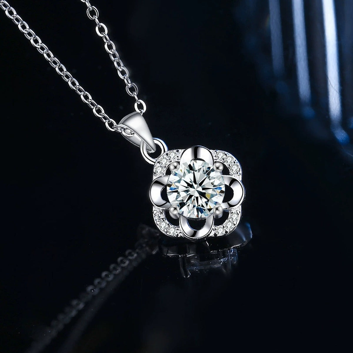 Four-Leaf Clover Halo Round Moissanite Necklace with CZ in Gold-Plated S925 sterling silver angled product detail view