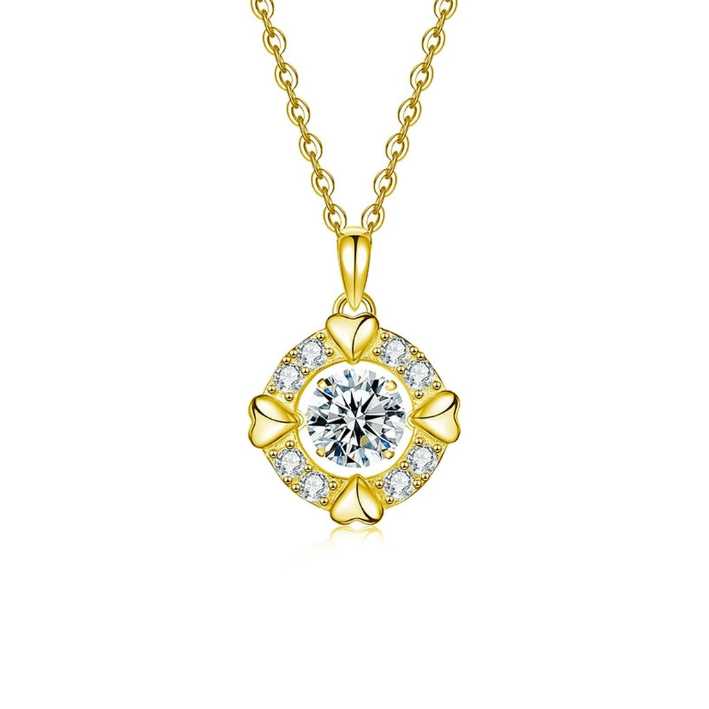 Heart Circle Round Moissanite Necklace with CZ in Gold-Plated S925 sterling silver white background front product view showing round moissanite nested within a heart and circular CZ frame
