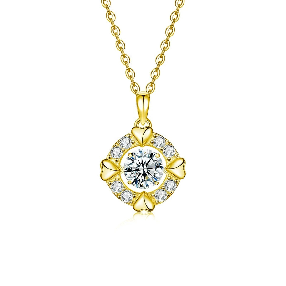 Heart Circle Round Moissanite Necklace with CZ in Gold-Plated S925 sterling silver white background front product view showing round moissanite nested within a heart and circular CZ frame