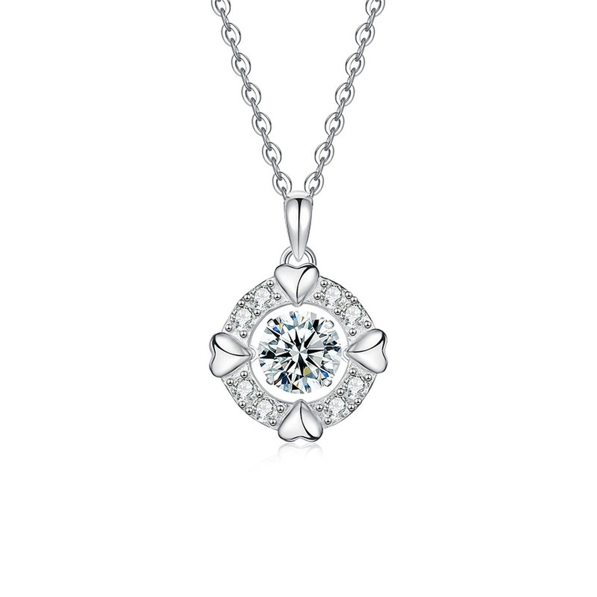 Heart Circle Round Moissanite Necklace with CZ in Gold-Plated S925 sterling silver alternate metal color white background product view showing round moissanite nested within a heart and circular CZ frame