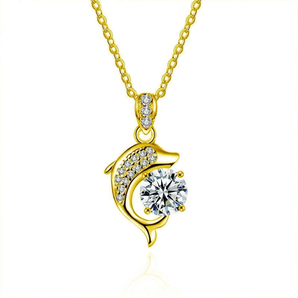 Dolphin Round Moissanite Necklace with CZ in Gold-Plated S925 sterling silver white background product photo showing dolphin pendant with a 1 ct round moissanite and CZ accents