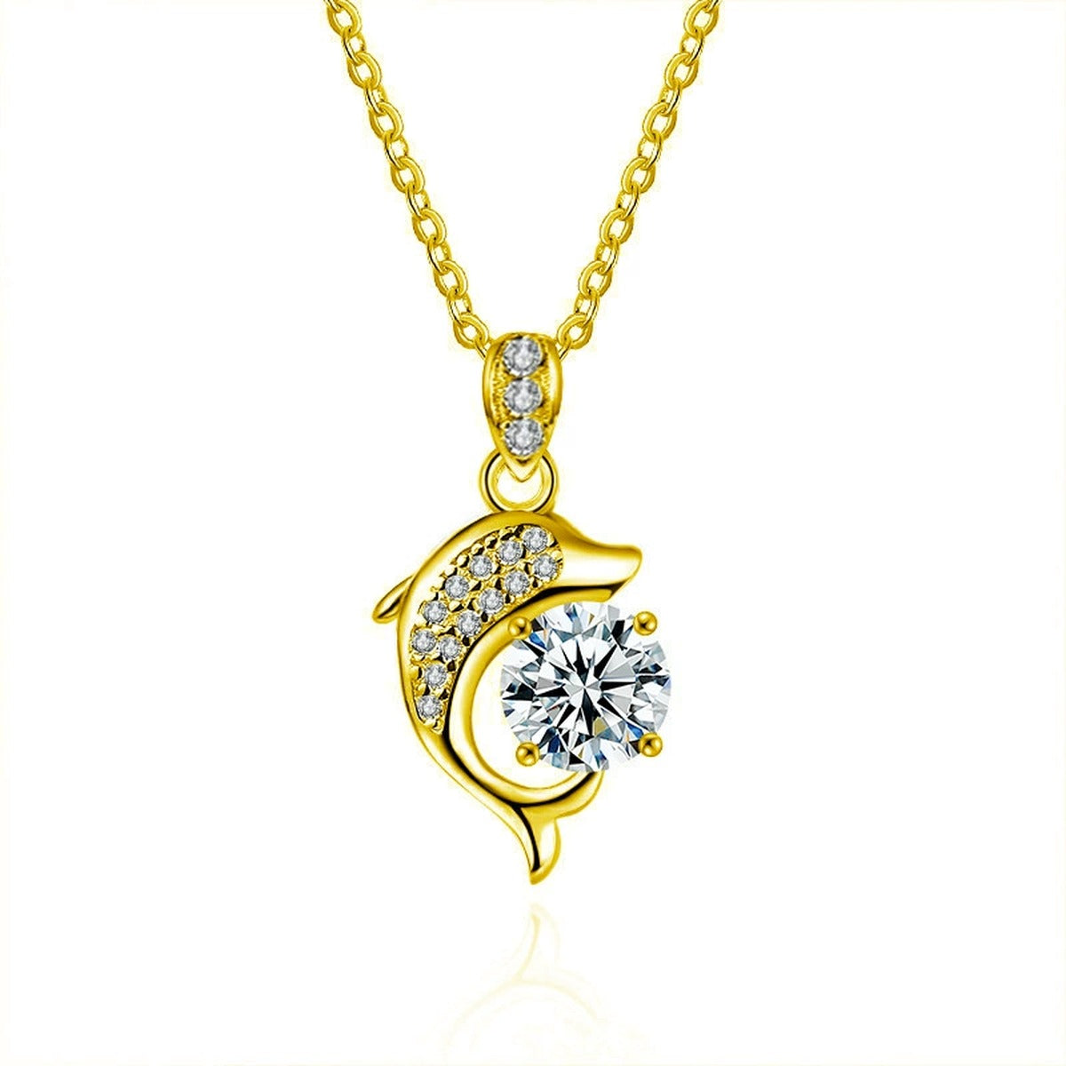 Dolphin Round Moissanite Necklace with CZ in Gold-Plated S925 sterling silver white background product photo showing dolphin pendant with a 1 ct round moissanite and CZ accents