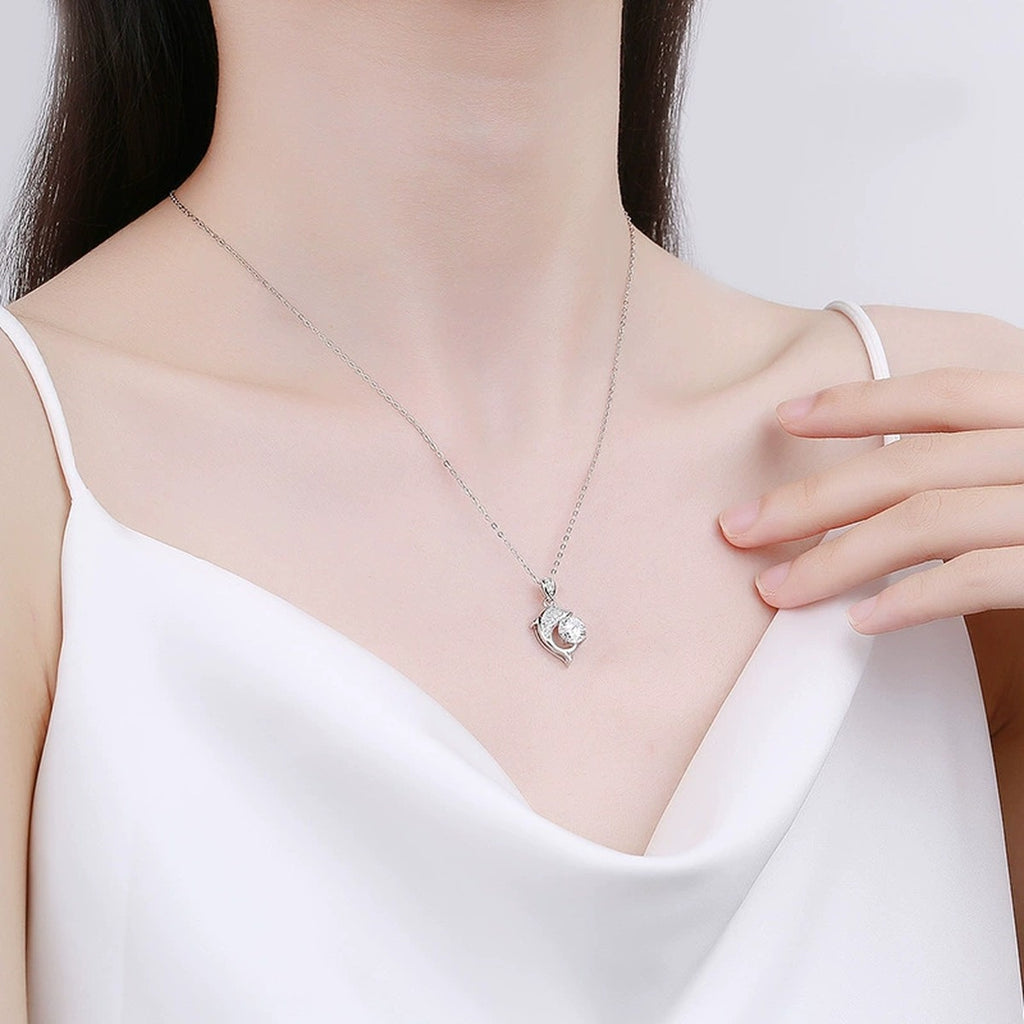 Dolphin Round Moissanite Necklace with CZ in Gold-Plated S925 sterling silver neckline model view showing pendant scale and chain length