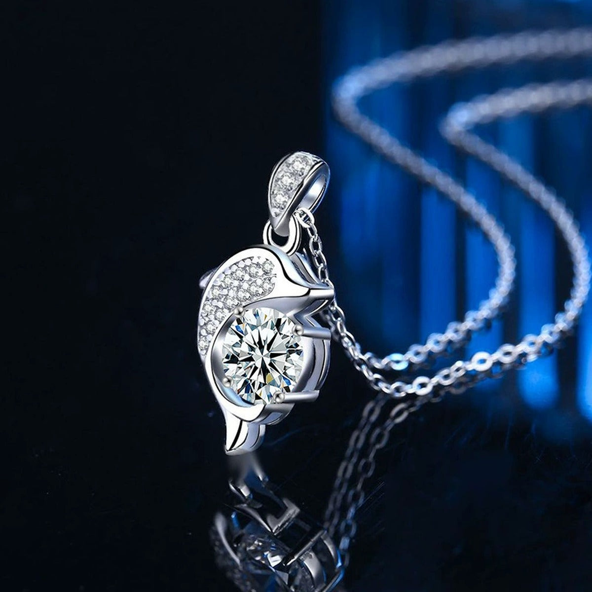 Dolphin Round Moissanite Necklace with CZ in Gold-Plated S925 sterling silver dark display product view showing pendant and chain