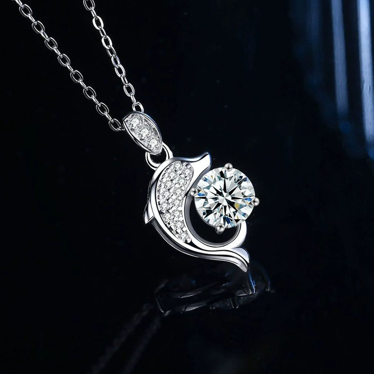 Dolphin Round Moissanite Necklace with CZ in Gold-Plated S925 sterling silver close-up product scene showing stone setting