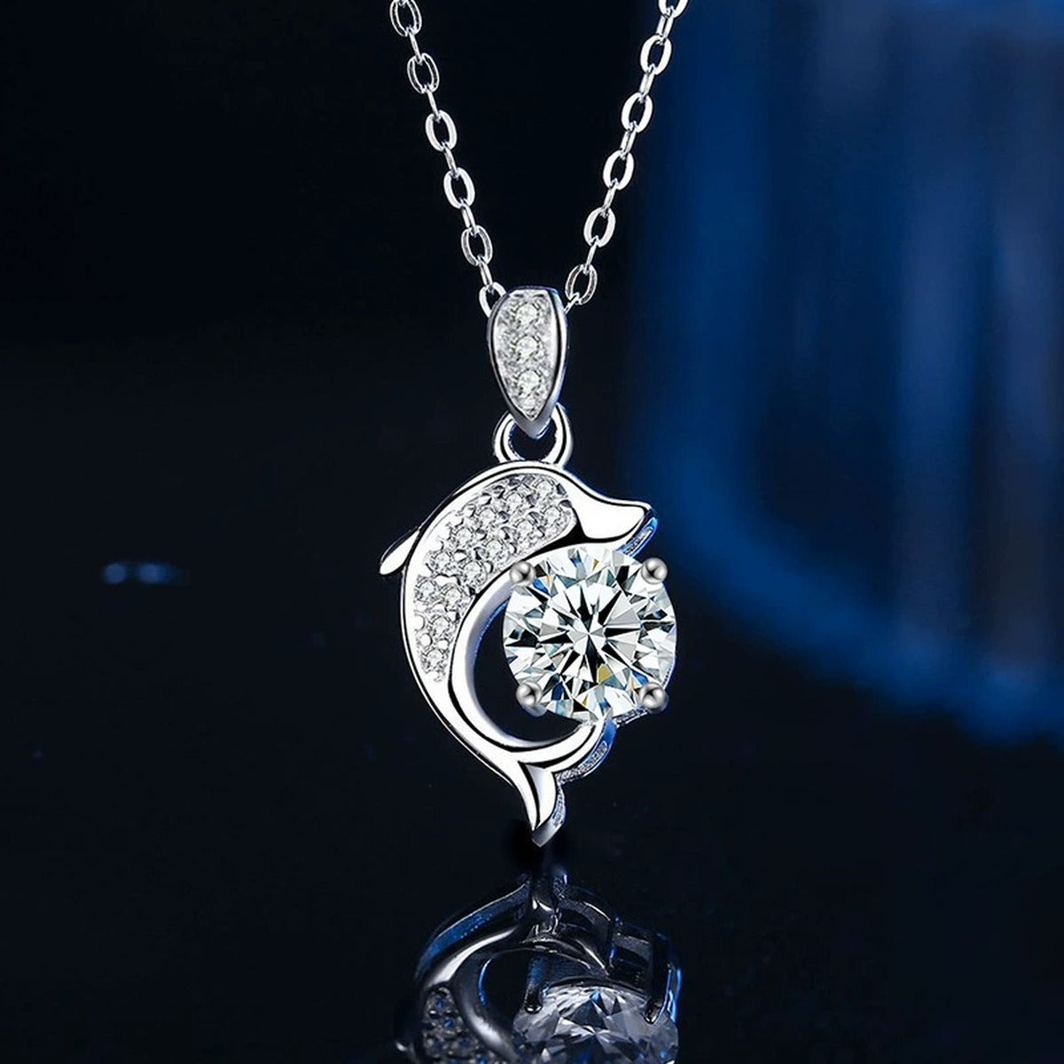 Dolphin Round Moissanite Necklace with CZ in Gold-Plated S925 sterling silver angled necklace detail showing pendant profile