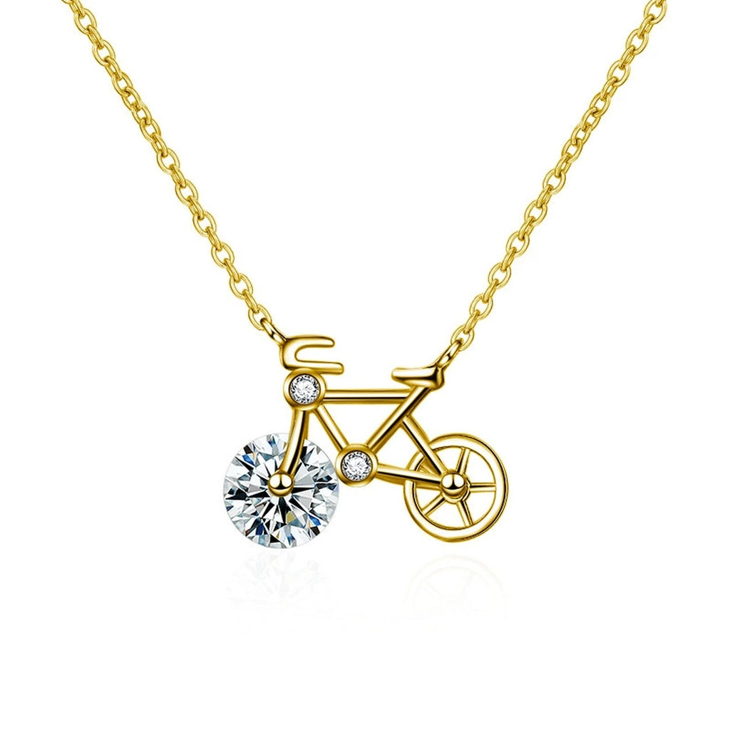 Bicycle Round Moissanite Necklace in Gold-Plated S925 sterling silver white background front product view showing playful bicycle pendant with a round moissanite forming the front wheel