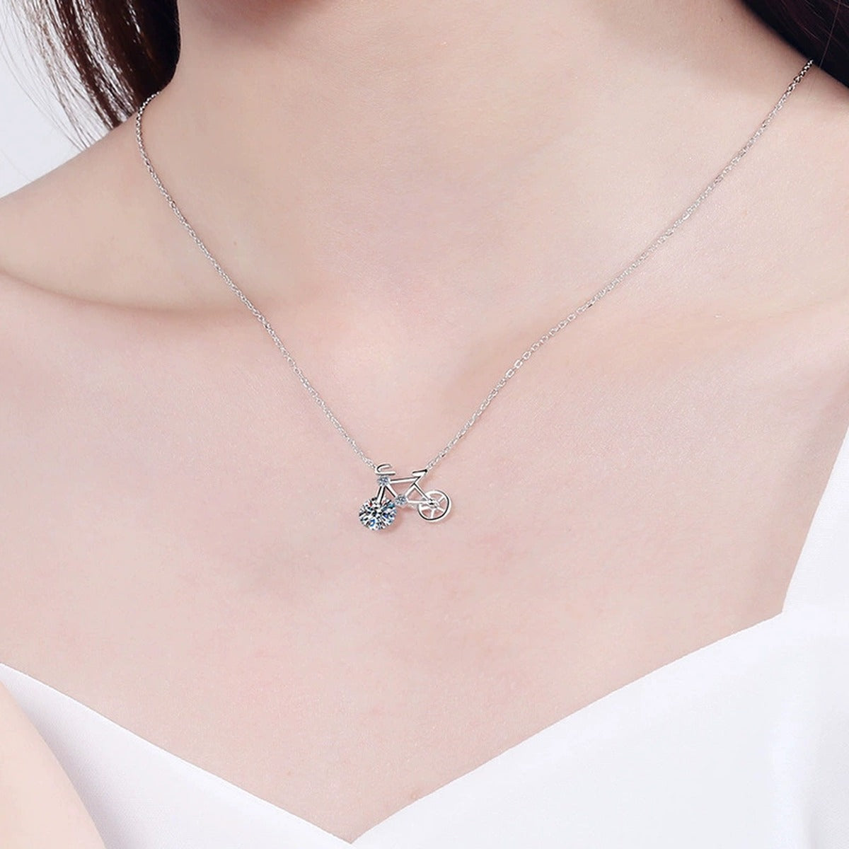Bicycle Round Moissanite Necklace in Gold-Plated S925 sterling silver neckline model view showing pendant scale and chain length