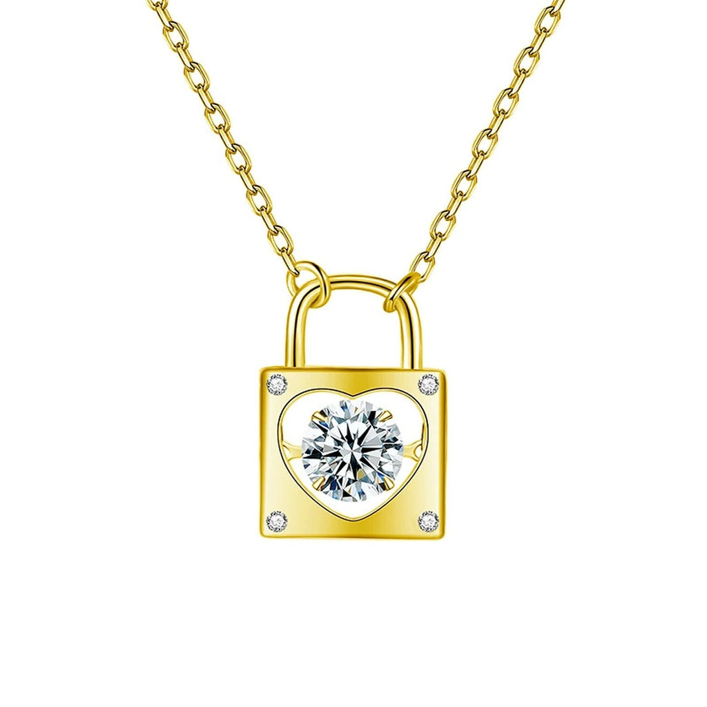 Heart Lock Round Moissanite Necklace in Gold-Plated S925 sterling silver white background front product view showing geometric padlock pendant centered with a heart-shaped round moissanite setting