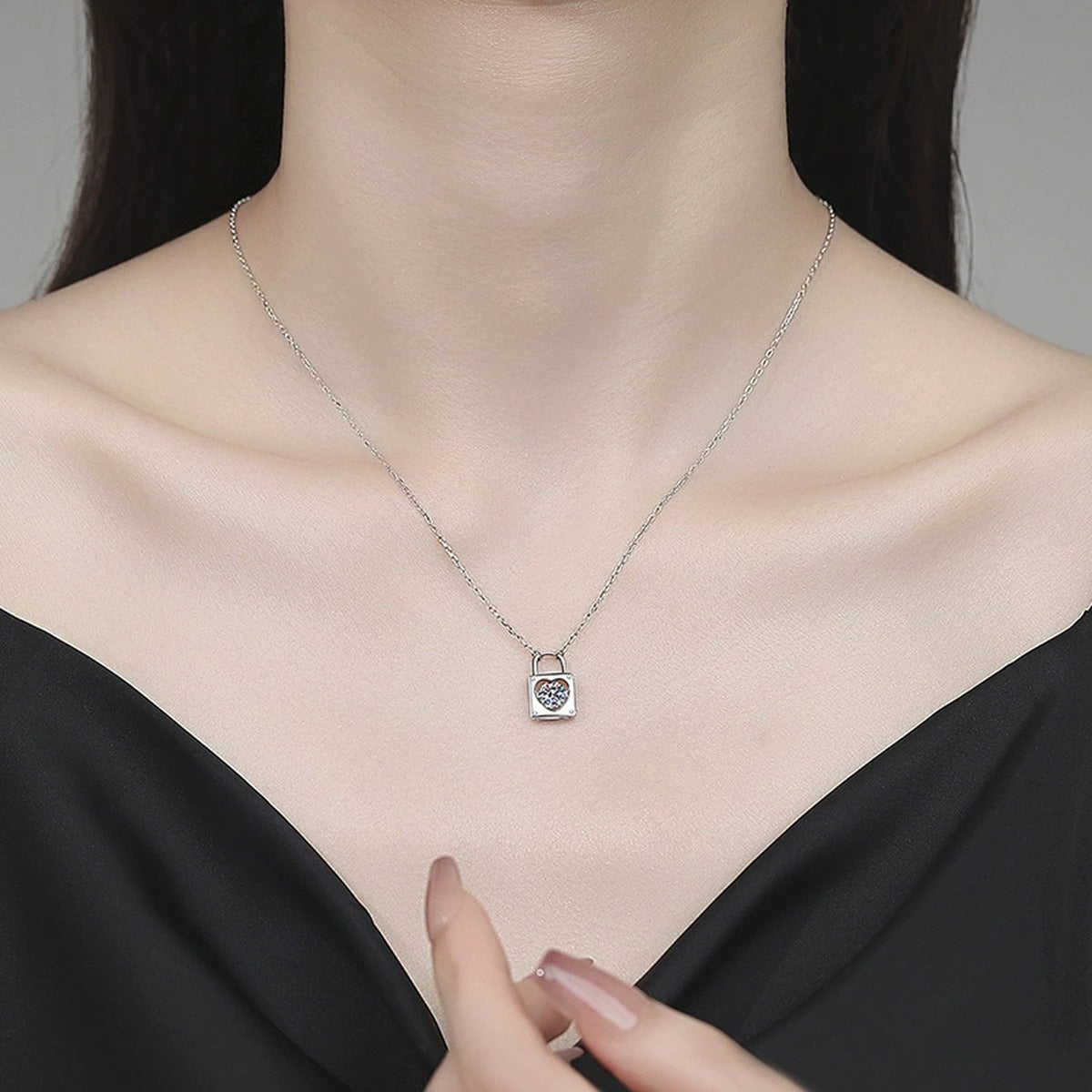 Heart Lock Round Moissanite Necklace in Gold-Plated S925 sterling silver neckline model view showing pendant scale and chain length