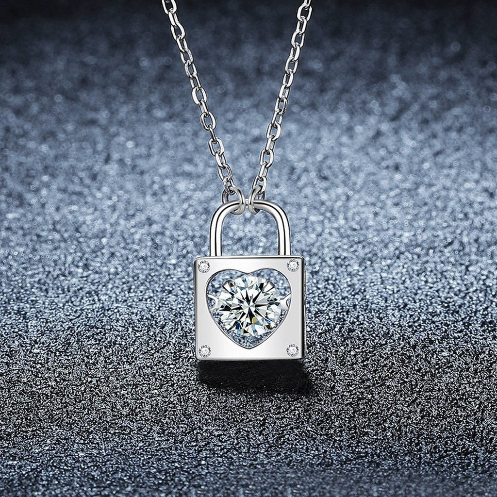 Heart Lock Round Moissanite Necklace in Gold-Plated S925 sterling silver display scene showing chain and stone layout