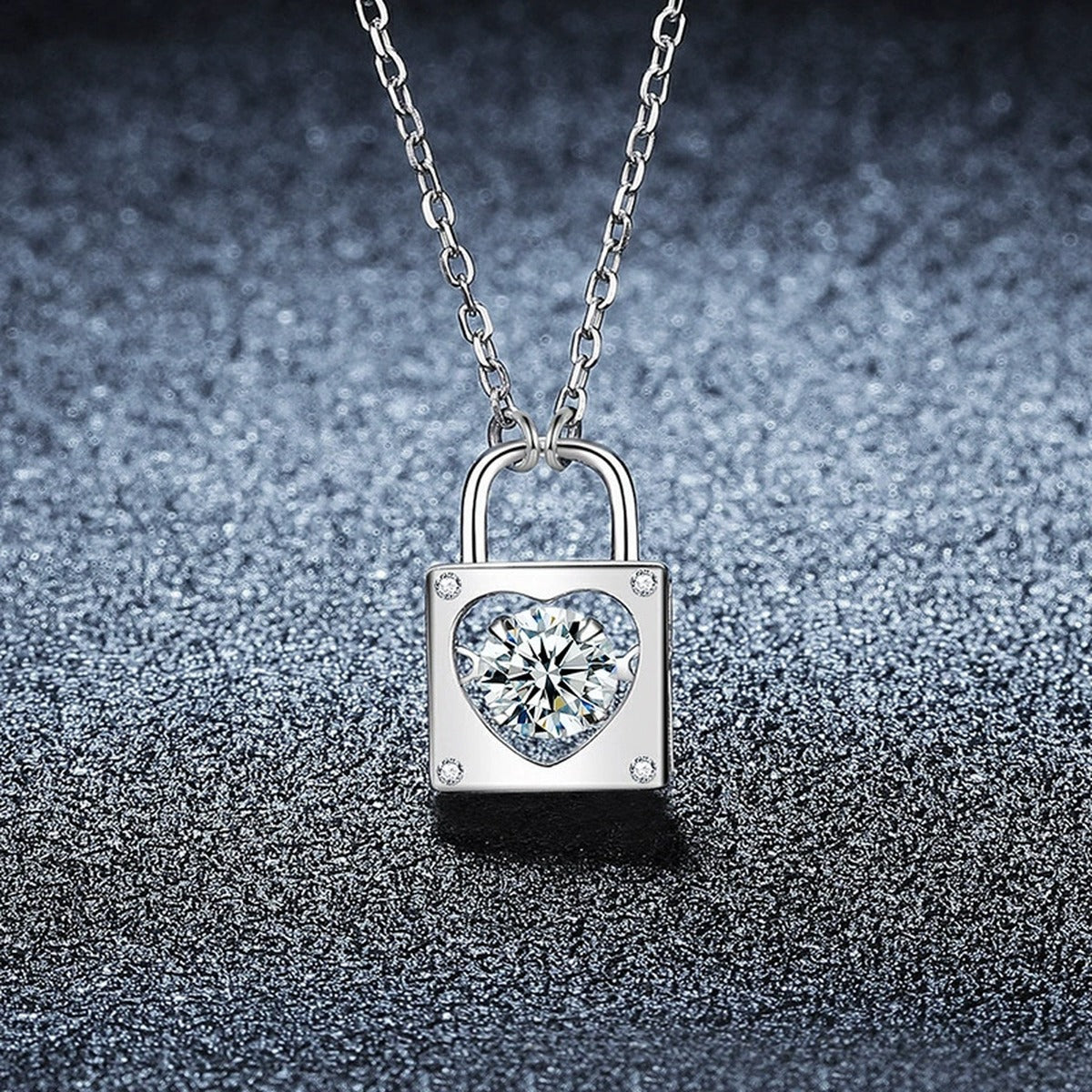 Heart Lock Round Moissanite Necklace in Gold-Plated S925 sterling silver display scene showing chain and stone layout