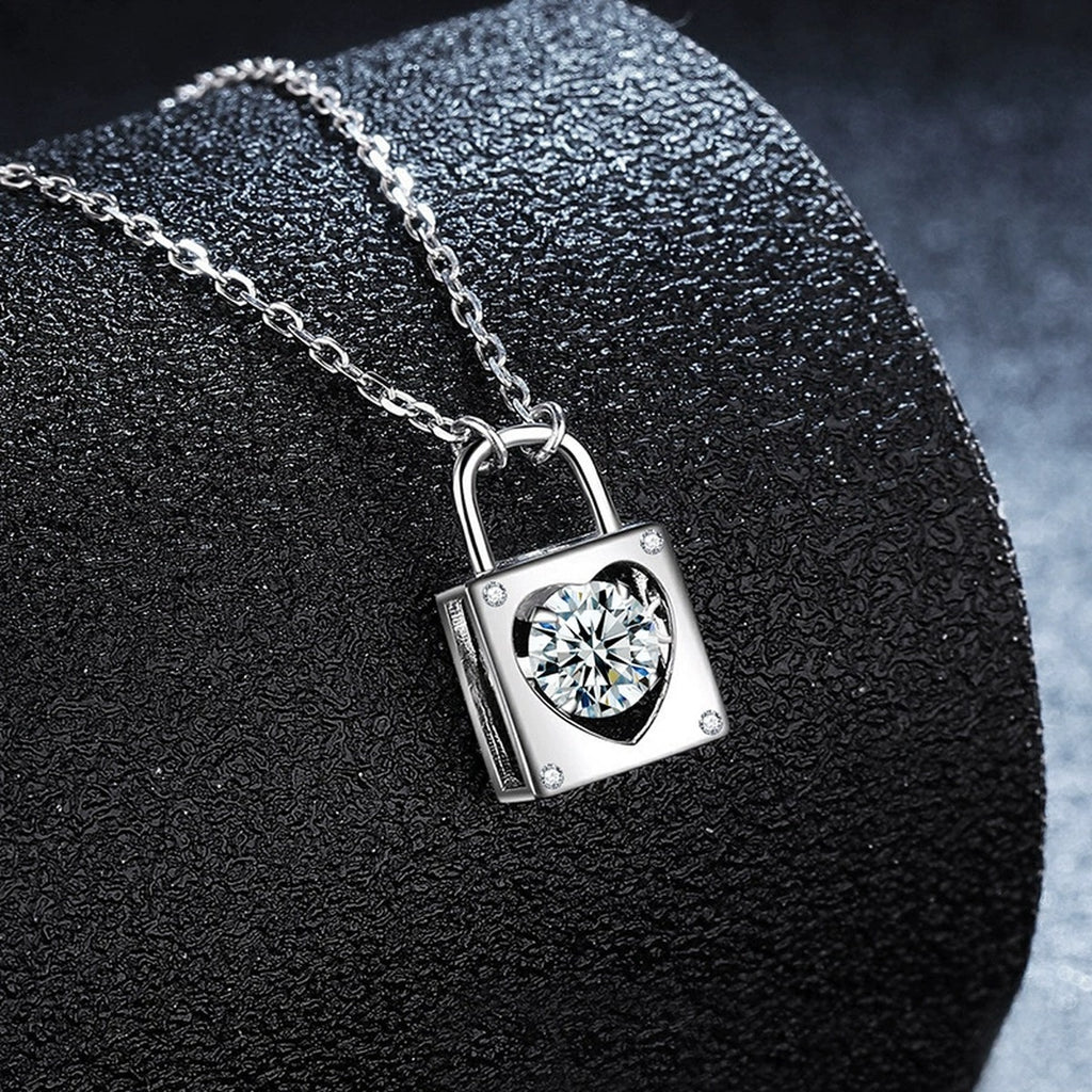 Heart Lock Round Moissanite Necklace in Gold-Plated S925 sterling silver angled product detail view