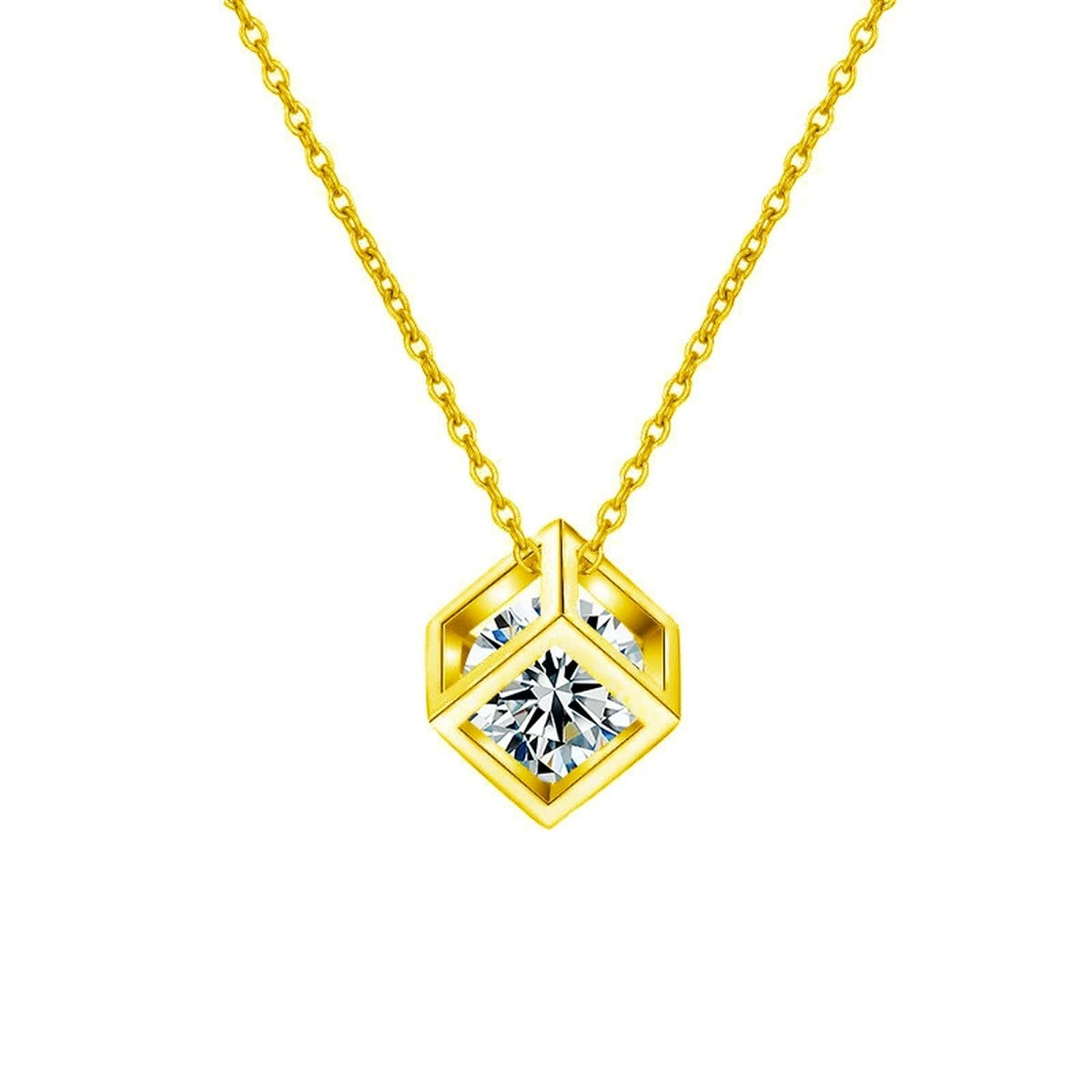 Open Cube Round Moissanite Necklace in Gold-Plated S925 sterling silver white background front product view showing open geometric cube pendant framing a round moissanite center