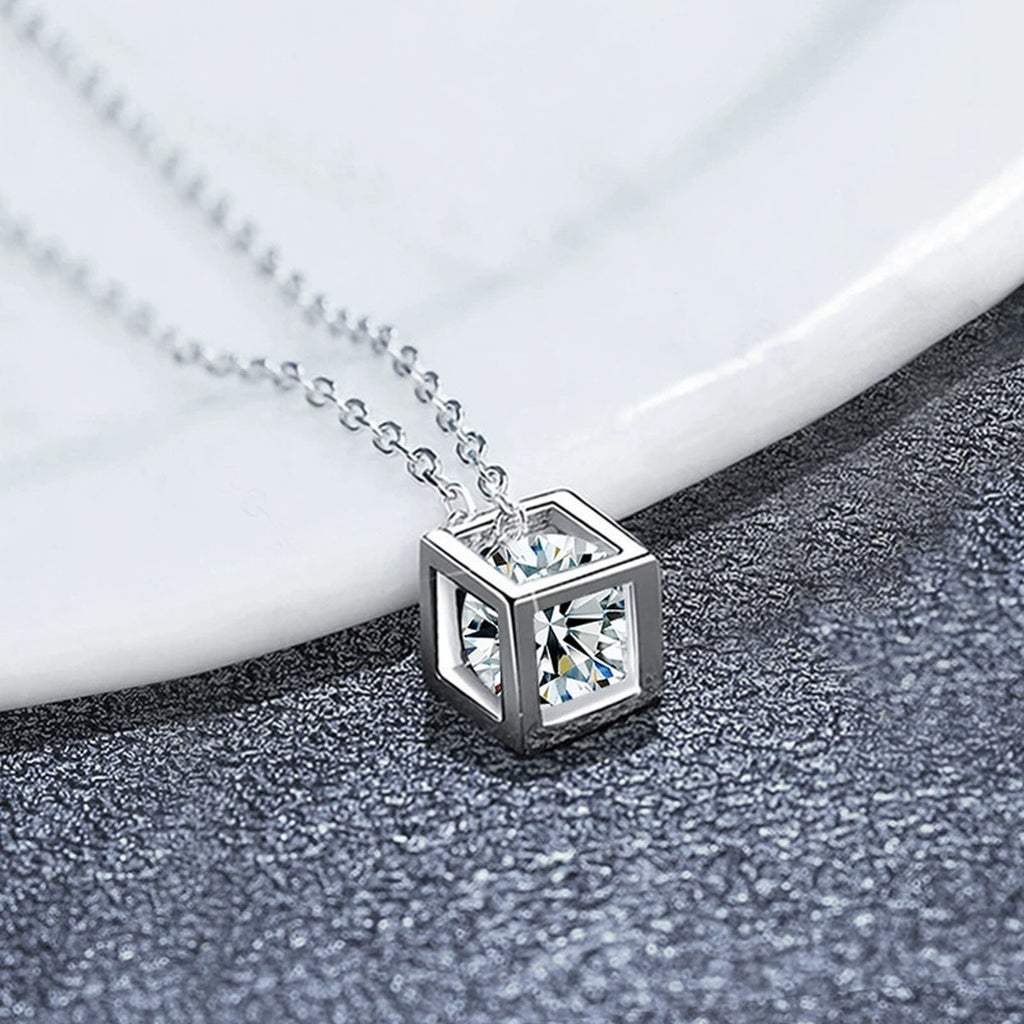 Open Cube Round Moissanite Necklace in Gold-Plated S925 sterling silver display scene showing chain and stone layout