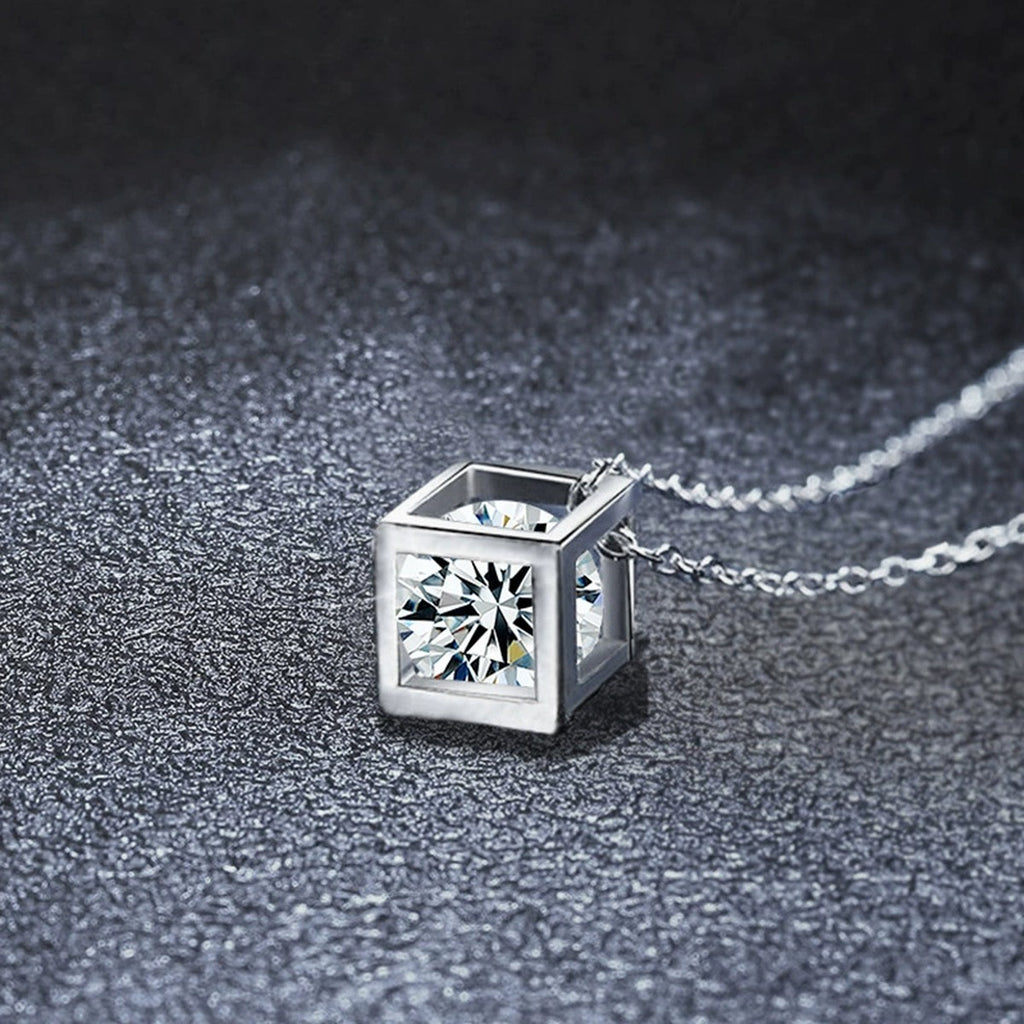 Open Cube Round Moissanite Necklace in Gold-Plated S925 sterling silver angled product detail view