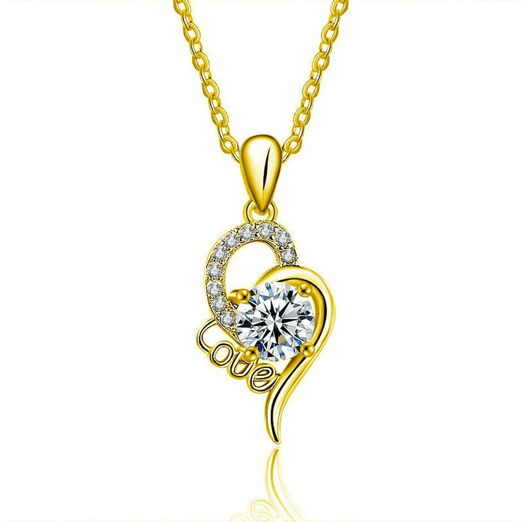 Love Heart Round Moissanite Necklace with CZ in Gold-Plated S925 sterling silver white background front product view showing flowing LOVE-inspired heart pendant with a round moissanite and CZ accents