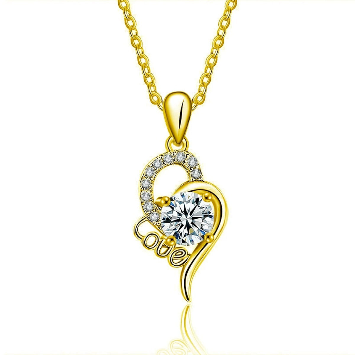 Love Heart Round Moissanite Necklace with CZ in Gold-Plated S925 sterling silver white background front product view showing flowing LOVE-inspired heart pendant with a round moissanite and CZ accents