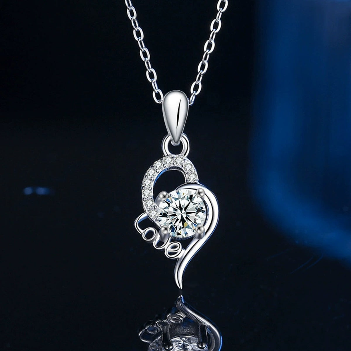 Love Heart Round Moissanite Necklace with CZ in Gold-Plated S925 sterling silver display scene showing chain and stone layout