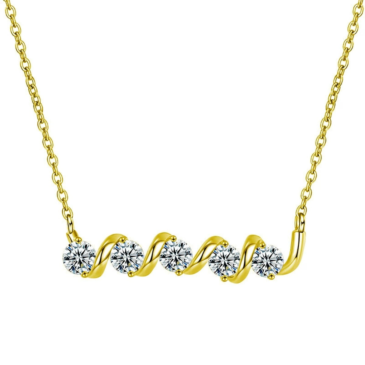 Spiral Five-Stone Round Moissanite Bar Necklace in Gold-Plated S925 sterling silver white background product photo showing spiral bar necklace with five round moissanite stones