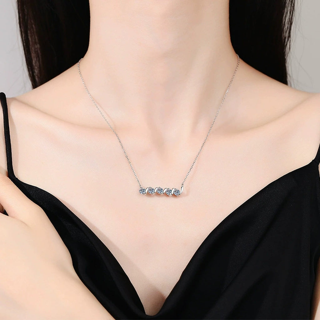 Spiral Five-Stone Round Moissanite Bar Necklace in Gold-Plated S925 sterling silver neckline model view showing pendant scale and chain length