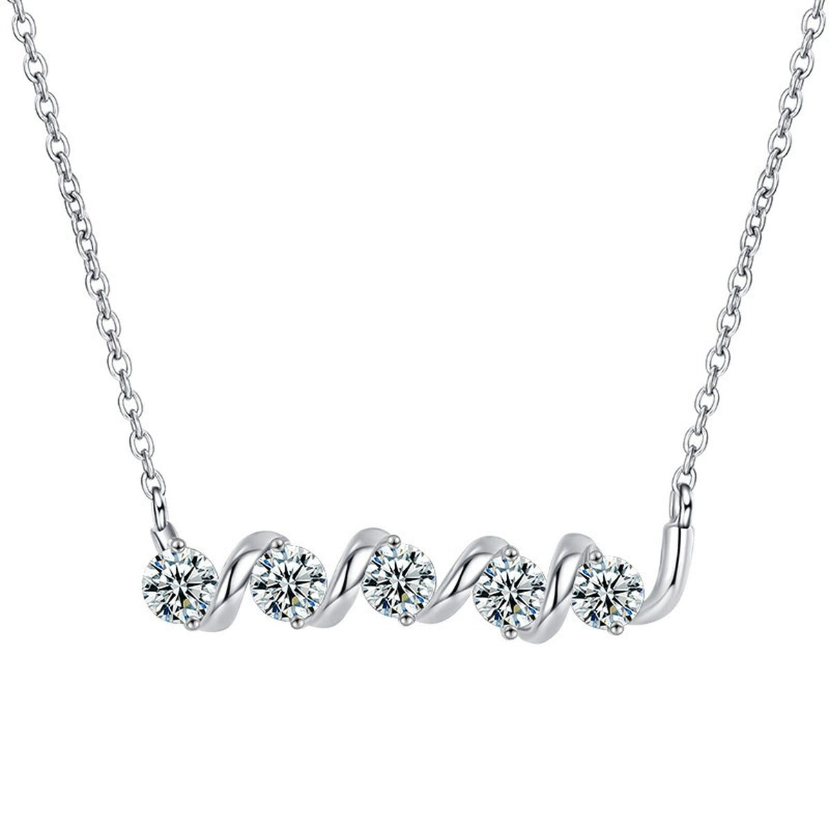 Spiral Five-Stone Round Moissanite Bar Necklace in Gold-Plated S925 sterling silver white background product photo showing spiral bar necklace with five round moissanite stones