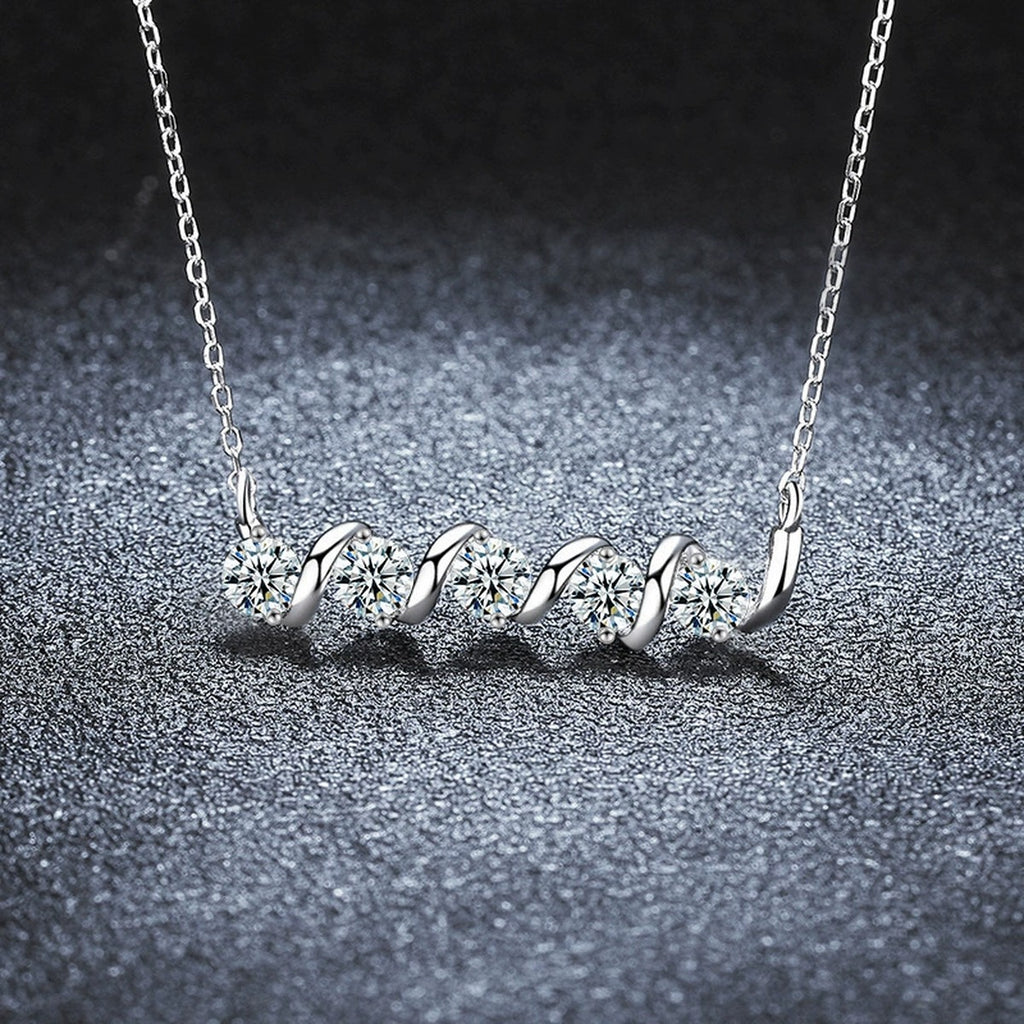 Spiral Five-Stone Round Moissanite Bar Necklace in Gold-Plated S925 sterling silver dark display product view showing pendant and chain