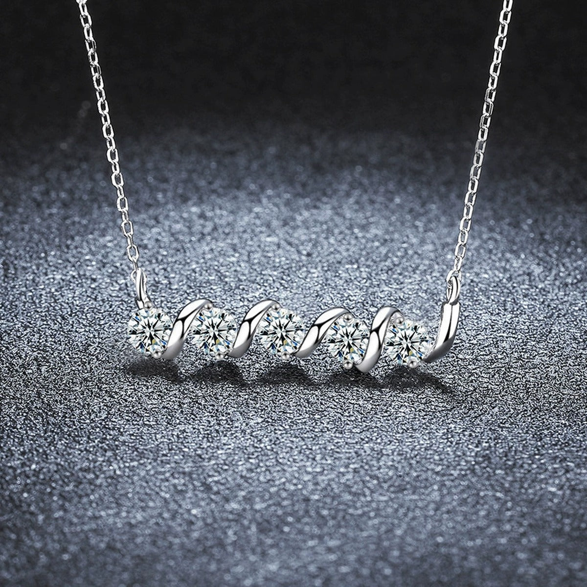Spiral Five-Stone Round Moissanite Bar Necklace in Gold-Plated S925 sterling silver dark display product view showing pendant and chain