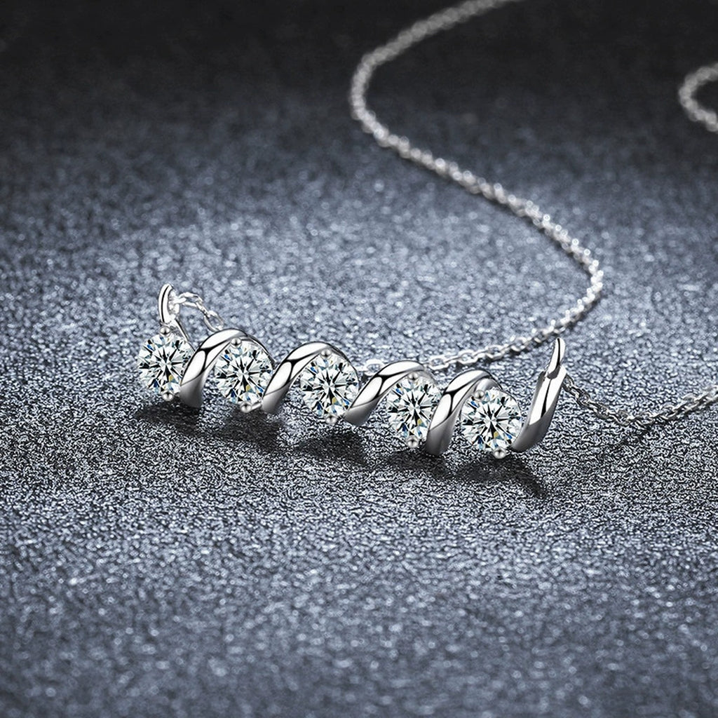 Spiral Five-Stone Round Moissanite Bar Necklace in Gold-Plated S925 sterling silver close-up product scene showing stone setting