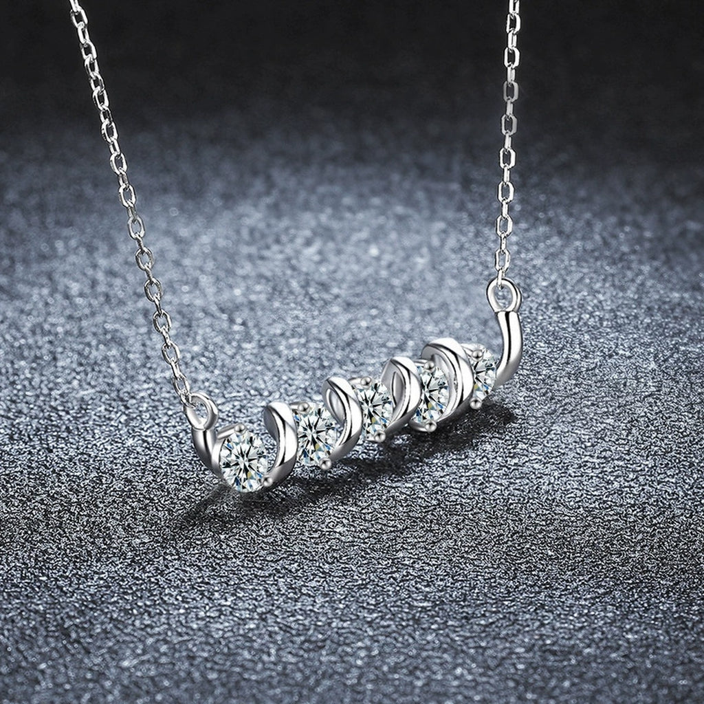 Spiral Five-Stone Round Moissanite Bar Necklace in Gold-Plated S925 sterling silver angled necklace detail showing pendant profile