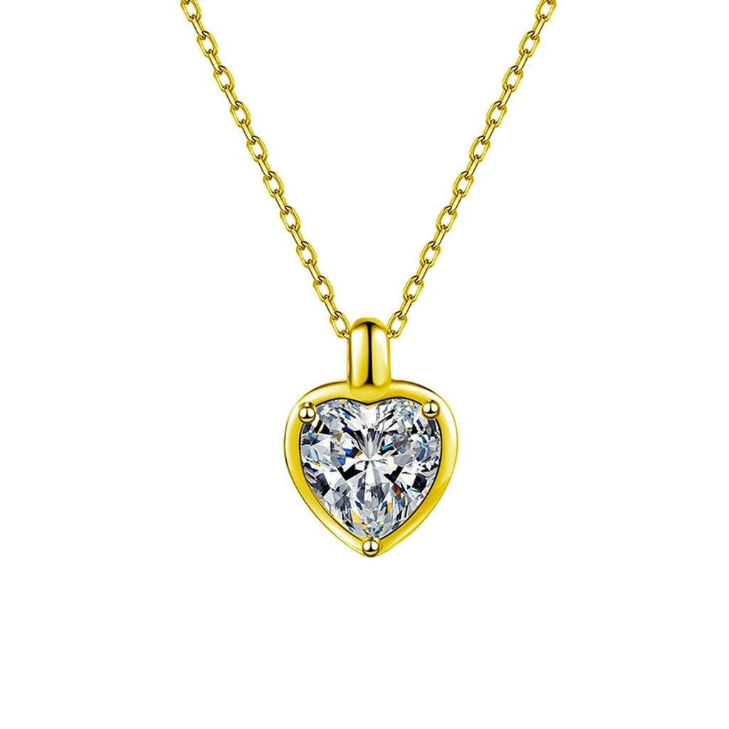 Heart Cut Moissanite Solitaire Necklace in Gold-Plated S925 sterling silver white background front product view showing heart-cut moissanite solitaire held in a softly framed pendant setting