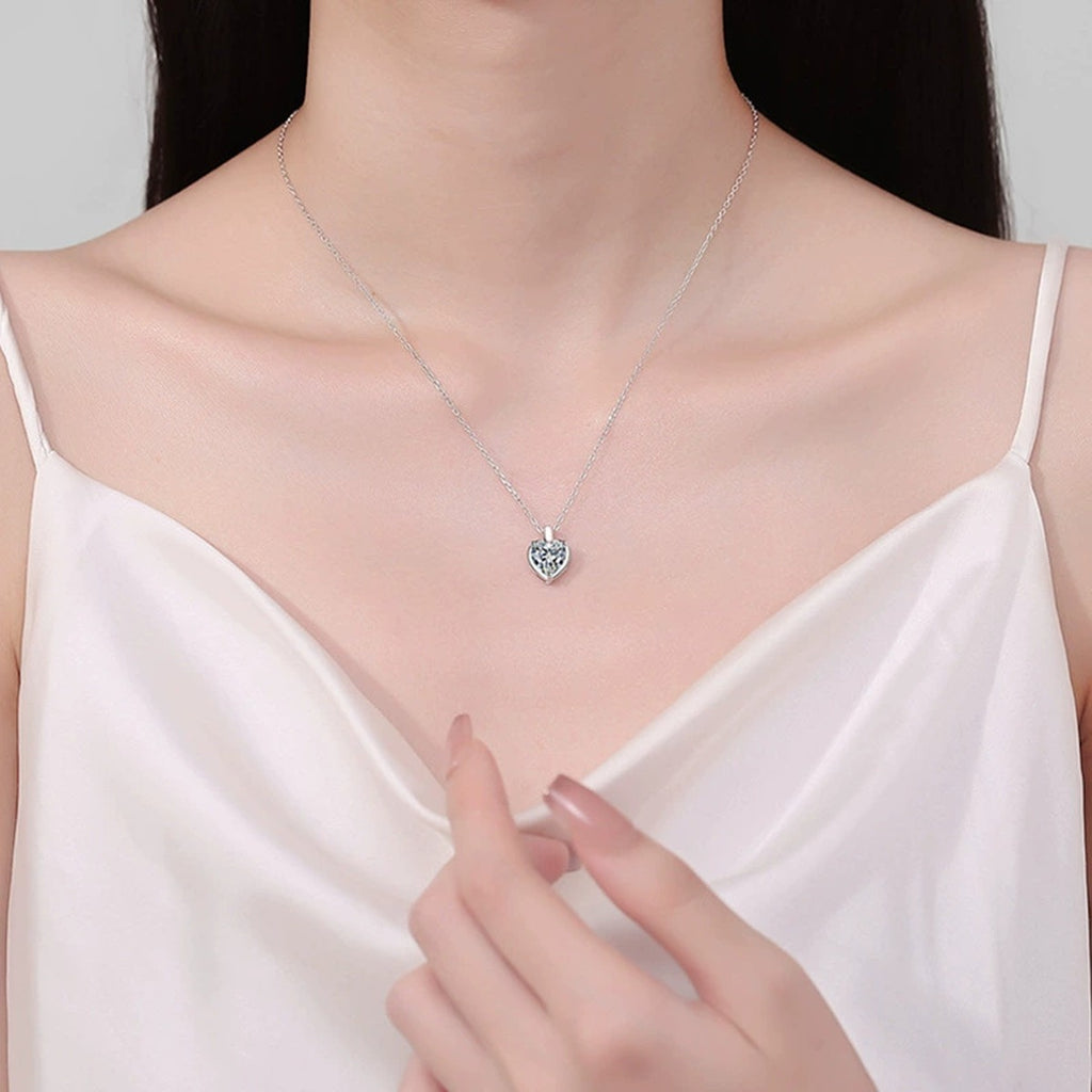 Heart Cut Moissanite Solitaire Necklace in Gold-Plated S925 sterling silver neckline model view showing pendant scale and chain length