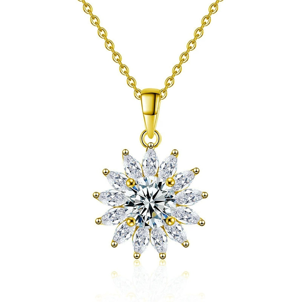 Sunburst Round Moissanite Necklace with CZ in Gold-Plated S925 sterling silver white background front product view showing radiant sunburst pendant centered with a round moissanite and CZ rays