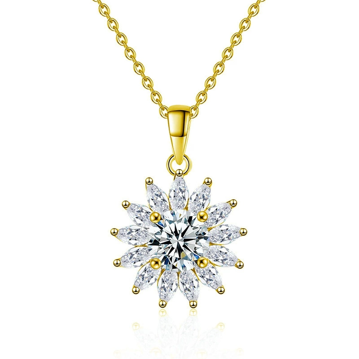 Sunburst Round Moissanite Necklace with CZ in Gold-Plated S925 sterling silver white background front product view showing radiant sunburst pendant centered with a round moissanite and CZ rays