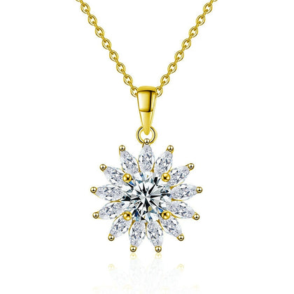 Sunburst Round Moissanite Necklace with CZ in Gold-Plated S925 sterling silver white background front product view showing radiant sunburst pendant centered with a round moissanite and CZ rays