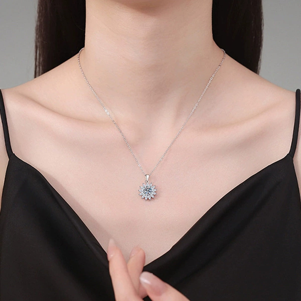 Sunburst Round Moissanite Necklace with CZ in Gold-Plated S925 sterling silver neckline model view showing pendant scale and chain length