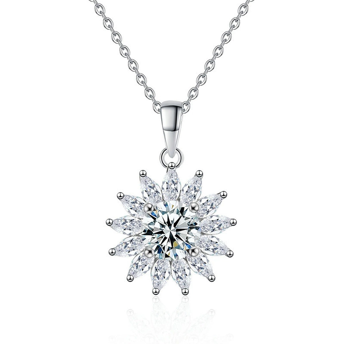 Sunburst Round Moissanite Necklace with CZ in Gold-Plated S925 sterling silver alternate metal color white background product view showing radiant sunburst pendant centered with a round moissanite and CZ rays