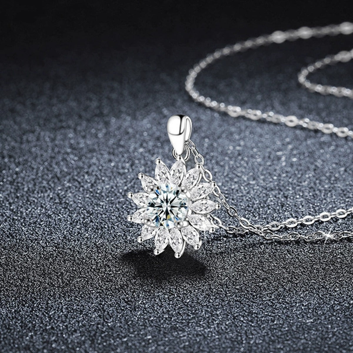 Sunburst Round Moissanite Necklace with CZ in Gold-Plated S925 sterling silver close-up styled product scene showing pendant setting