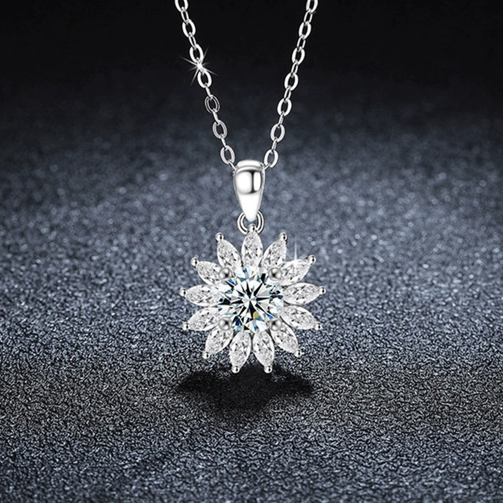 Sunburst Round Moissanite Necklace with CZ in Gold-Plated S925 sterling silver display scene showing chain and stone layout