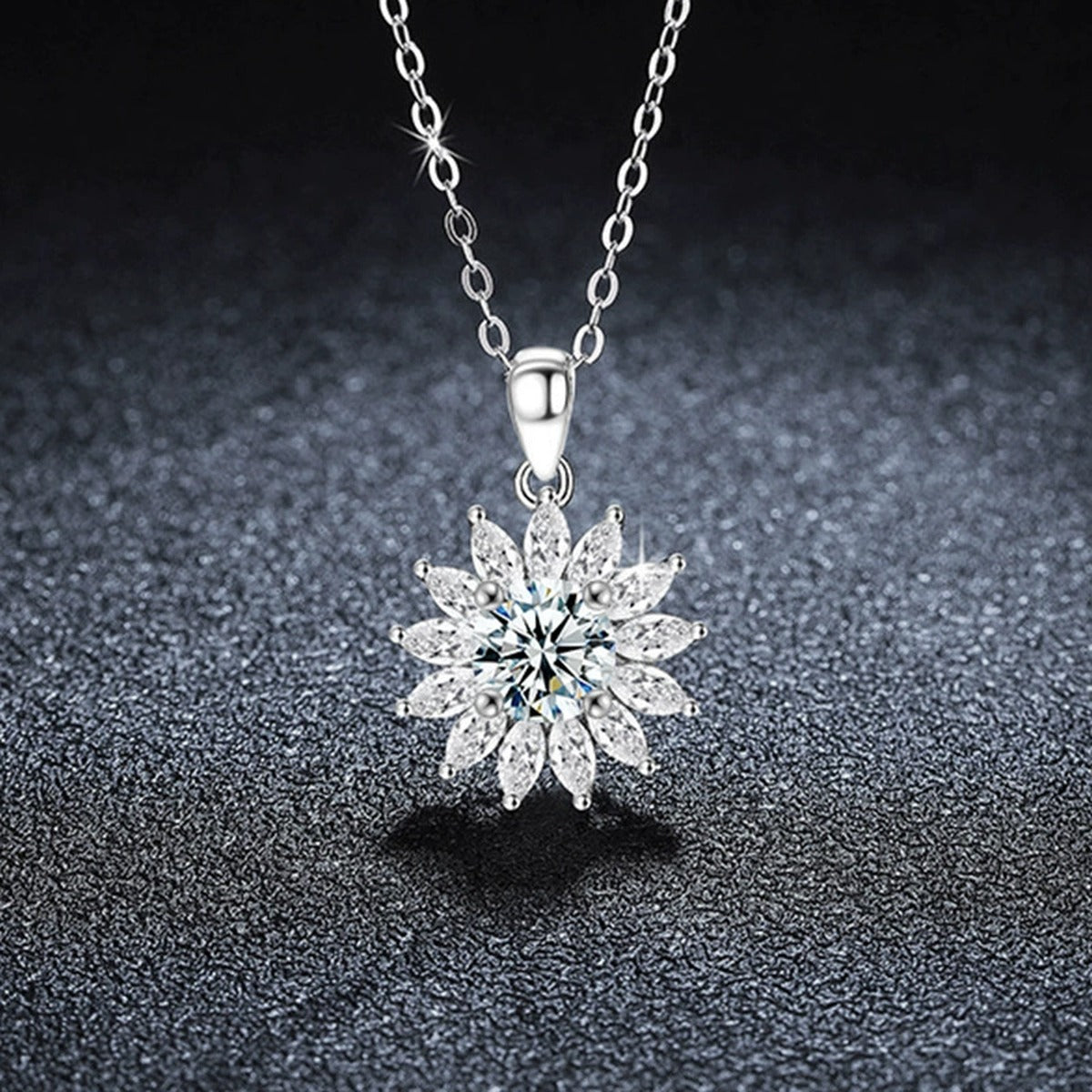 Sunburst Round Moissanite Necklace with CZ in Gold-Plated S925 sterling silver display scene showing chain and stone layout
