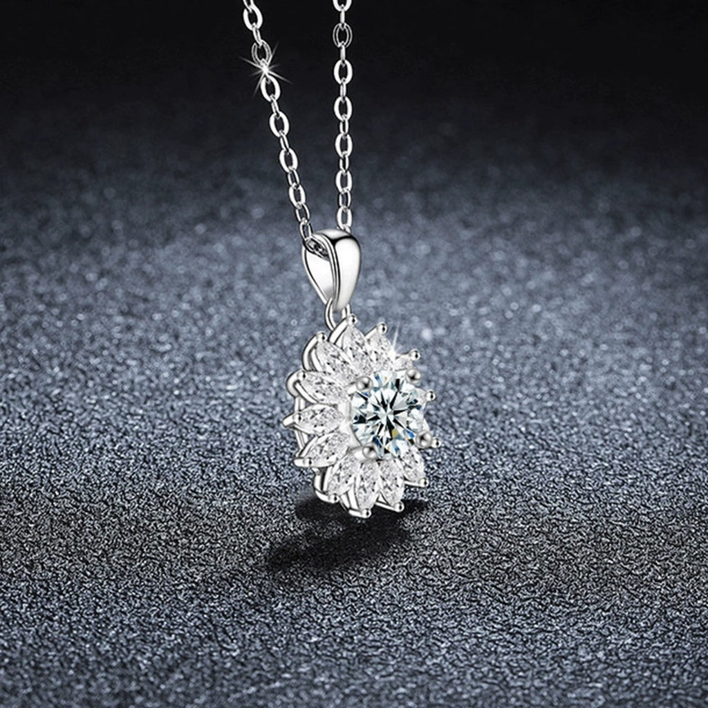 Sunburst Round Moissanite Necklace with CZ in Gold-Plated S925 sterling silver angled product detail view