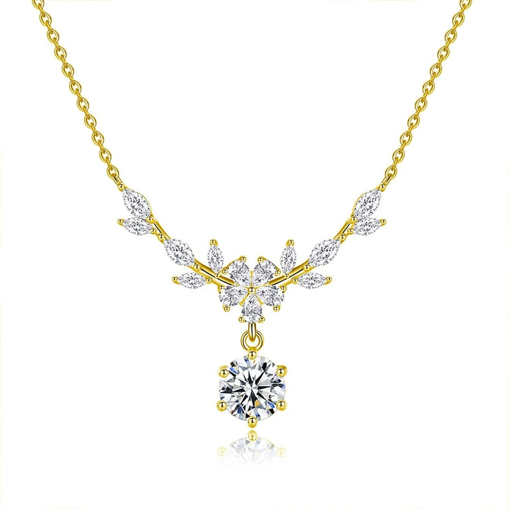 Wheat Branch Round Moissanite Necklace with CZ in Gold-Plated S925 sterling silver white background front product view showing wheat-inspired branch necklace ending in a round moissanite drop